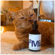 Eine orangefarbene Katze schnüffelt neugierig an einer schwarzen Pumpflasche mit der Aufschrift "Mia" in weißem Text, die auf einem weichen Teppich in einem gemütlichen Raum liegt.