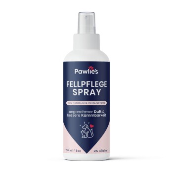 Eine Flasche Pawlie's Fellpflege Spray mit dem Etikett "100% natürliche Inhaltsstoffe" steht neben einer schlafenden Katze. Text: "NATÜRLICHE PFLEGE OHNE PARFÜM."