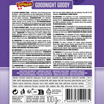 Lila Packungsaufkleber „DeliBest Goodnight Goody“ Welpen‑Nacht‑Snack, mehrsprachiger Zutatenhinweis und „100 g“ Barcode.