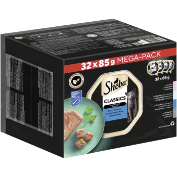 Pack méga de nourriture pour chats Sheba Classics, contenant 32 portions de 85g, avec une image de chat et des descriptions de saveurs de poisson.