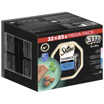 Sheba Classics kattenvoer mega pakket, met 32 x 85g porties, met een kattenafbeelding en beschrijvingen van vis smaken.