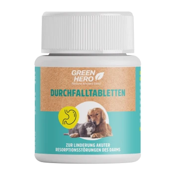 Behälter mit Green Hero Durchfalltabletten für Haustiere, mit einer Grafik von Katze und Hund, mit 60 kaubaren Tabletten angegeben.