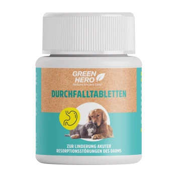 Behälter mit Green Hero Durchfalltabletten für Haustiere, mit einer Grafik von Katze und Hund, mit 60 kaubaren Tabletten angegeben.
