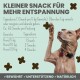 Ein hellgrüner Hintergrund zeigt einen Hund, der seine Pfote hebt, mit Text über einen natürlichen beruhigenden Snack und Dosierungsrichtlinien nach Gewicht.