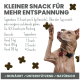Ein hellgrüner Hintergrund zeigt einen Hund, der seine Pfote hebt, mit Text über einen natürlichen beruhigenden Snack und Dosierungsrichtlinien nach Gewicht.