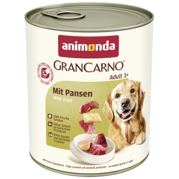 Puszka karmy Animonda GranCarno Adult 1+ dla psów z flaczkami, z wizerunkiem golden retrievera i tekstem o świeżych składnikach oraz braku zbóż i cukru.