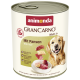 Boîte de nourriture pour chien Animonda GranCarno Adult 1+ à la panse, avec un golden retriever et un texte sur les ingrédients frais et sans céréales ni sucre.