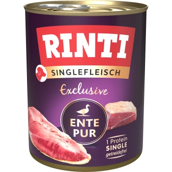 Nourriture en conserve pour chiens RINTI Exclusive avec de la viande de canard, étiquetée "ENTE PUR" avec des images de morceaux de canard crus, indiquant "1 Protéine UNIQUE" et "sans céréales."