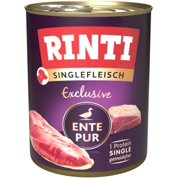 RINTI Exclusive Dosenfutter für Hunde mit Entenfleisch, gekennzeichnet mit 'ENTE PUR' und Bildern von rohen Entenstücken, mit den Angaben '1 Protein SINGLE' und 'getreidefrei.'