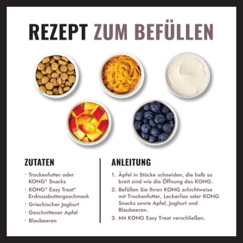 Grafik 'REZEPT ZUM BEFÜLLEN' zeigt Schalen mit Trockenfutter, Erdnussbutter, Joghurt, Apfel und Blaubeeren – KONG-Füllrezept
