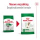 Vergelijking van Royal Canin hondenvoer verpakkingen: links 'Mini Adult 8+' en rechts 'Mini Adult 8+' met de claim 'Gewichtsbehoud'.
