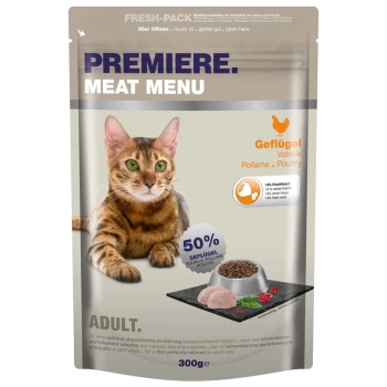 Een kattenvoeding verpakking gelabeld "Premiere Meat Menu" met een Bengaalse kat, 50% gevogelte, gemarkeerd "Volwassen" en met afbeeldingen van ingrediënten.