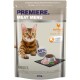 A cat food package labeled "Premiere Meat Menu" with a Bengal cat, 50% poultry, marked "Adult" and featuring ingredient images.