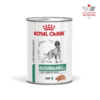 Puszka Royal Canin Veterinary Glycobalance — niskowęglowodanowa karma dla psów (pasztet), z czarną ilustracją psa