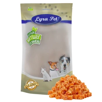 Lyra Pet Nature Power Hundeleckerlis Verpackung mit einem beigen Beutel, der Bilder eines Hundes, einer Katze und eines weißen Hundes zeigt, neben einem Haufen orangefarbener, gewürfelter Leckerlis.