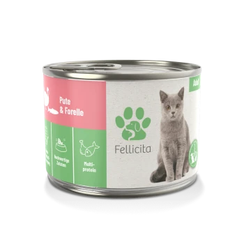 Katzenfutterdose mit der Aufschrift "Pute & Forelle" von Fellicita, mit Symbolen für hochwertige Zutaten und Mehrprotein.
