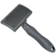 A black pet grooming brush with a wide, flat head featuring fine metal bristles and a textured ergonomic handle.