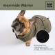 Ein Französischer Bulldogge trägt eine olivgrüne Hundejacke, mit dem Text 'maximale Wärme' und 'Extra warme Hundejacke für eisige Temperaturen.'