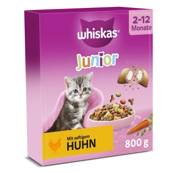 Violette Whiskas Junior Katzenfutterbox mit Kätzchen und Futterschale; Aufschriften '2–12 Monate', 'Mit saftigem Huhn', '800 g'