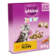 Violette Whiskas Junior Katzenfutterbox mit Kätzchen und Futterschale; Aufschriften '2–12 Monate', 'Mit saftigem Huhn', '800 g'
