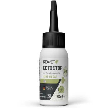 Flasche von REAVET ECTOSTOP, einer 50ml Spot-On-Behandlung für Katzen, entworfen zur Parasitenprävention, hergestellt in Deutschland.