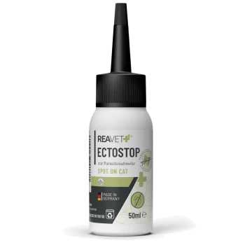 Flasche von REAVET ECTOSTOP, einer 50ml Spot-On-Behandlung für Katzen, entworfen zur Parasitenprävention, hergestellt in Deutschland.