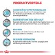 Infografik über die Vorteile von Haustierfutter: Proteinquellen, Unterstützung der Hautbarriere, EPA/DHA Gesundheit und Verbesserung der Verdauung.