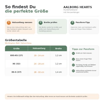 Aalborg Hearts Halsband-Größenleitfaden auf Deutsch mit Tabelle (XXS-XS 19–24 cm, XS 24–29 cm, XS-S 28–33 cm).
