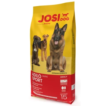 Gelbe Hundefuttertüte mit drei Hunden auf der Vorderseite, beschriftet mit "JOSI DOG AGILO SPORT" und "DEUTSCHE QUALITÄT" sowie Nährwertinformationen.