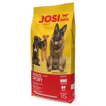 Gelbe Hundefuttertüte mit drei Hunden auf der Vorderseite, beschriftet mit "JOSI DOG AGILO SPORT" und "DEUTSCHE QUALITÄT" sowie Nährwertinformationen.