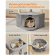 Katzenbaum mit geräumigem grauem Plüschversteck, großer Plattform und gemütlicher Hängematte, jeweils mit einer darin ruhenden Katze.