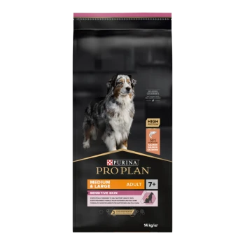 Purina Pro Plan Hundefutterbeutel für mittelgroße und große erwachsene Hunde, 14 kg, mit einem Hund auf der Vorderseite, beschriftet mit "Empfindliche Haut" und "Hoher Proteingehalt."