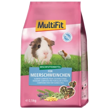 Rosa MultiFit Meerschweinchenfutterbeutel mit einem Nahaufnahme von einem Meerschweinchen und mehrsprachigem Text: "Futtermittel für Meerschweinchen" und "Keine zugesetzten Zucker."