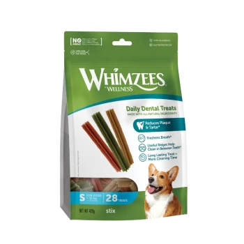 Beutel Whimzees Wellness Daily Dental Treats für Hunde, Stix, 28 Stück, Größe S, abgebildet mit einem Corgi.