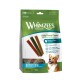 Beutel Whimzees Wellness Daily Dental Treats für Hunde, Stix, 28 Stück, Größe S, abgebildet mit einem Corgi.