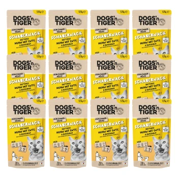 Ein Raster von 12 Haustierfutterpackungen mit der Aufschrift "DOGS'n TIGER", das "Schabernack" mit dem Geschmack "Huhn mit Ente & Zucchini" zeigt, jeweils 125 g.