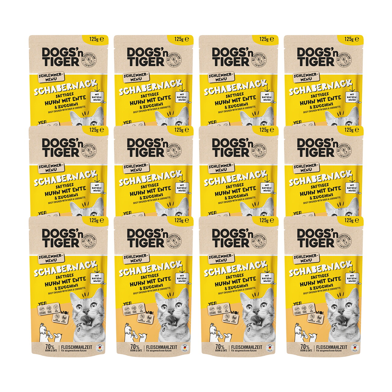Dogs'n Tiger Adult Nassfutter Katze, Schabernack, Huhn mit Ente & Zucchini, 12x 125g