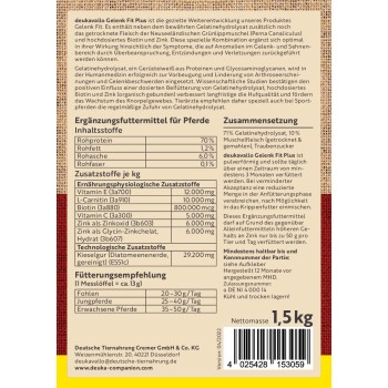 Ergänzungsmittel für Pferde, deukavallo Gelenk Fit Plus, mit Inhaltsstoffen wie Gelatinehydrolysat, Biotin und Zink. 1,5 kg Paket.