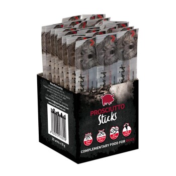 Thekendisplay mit Prosciutto Sticks Hundeleckerlis, Packungen zeigen Hundegesicht, Schwein-Logo und 'Ergänzungsfuttermittel für Hunde'