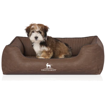Ein kleiner, flauschiger Hund sitzt bequem in einem braunen Hundebett mit strukturiertem Innenraum, mit dem Logo "KNUFFELWUFF."