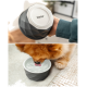 Graue geometrische Haustierschale mit weißem Innenraum, beschriftet mit "lionto®", gezeigt in der Hand gehalten und ein Hund trinkt daraus Wasser.
