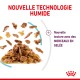 Image de nourriture pour animaux montrant de la nourriture humide avec de la viande et de la gelée, étiquetée "Nouvelle Technologie Humide" et "Nouvelle texture avec des MORCEAUX EN GELÉE."
