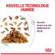 Image de nourriture pour animaux montrant de la nourriture humide avec de la viande et de la gelée, étiquetée "Nouvelle Technologie Humide" et "Nouvelle texture avec des MORCEAUX EN GELÉE."