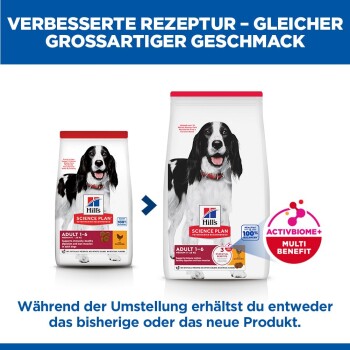 Hill's Science Plan Hundefutter, alte und neue Verpackung mit Spaniel; sichtbare Texte: 'VERBESSERTE REZEPTUR' und 'ACTIVBIOME+ MULTI BENEFIT'