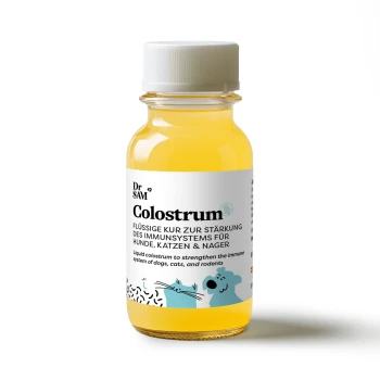 Flasche Dr. SAM Colostrum, ein flüssiges Supplement zur Stärkung des Immunsystems von Hunden, Katzen und Nagetieren, mit verspielten Tierillustrationen.