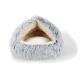 Cozy gray pet bed with a triangular shape and soft cream interior, perfect for small dogs or cats.