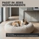 Helle beige runde Hundebett mit gepolstertem Design, mit dem Text "Abziehbar & waschbar" und PAW WOW-Logo. Leicht zu entfernen und zu waschen.