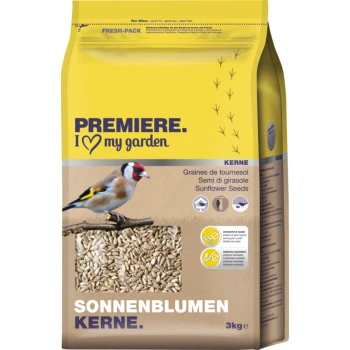 Eine 3 kg Tüte Sonnenblumenkerne für Vögel, mit einem Stieglitz auf einem Ast, mit dem Text "PREMIERE. I ♥ my garden" und "SONNENBLUMEN KERNE."