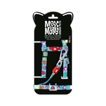Max & Molly Urban Pets Katzenleine und -geschirr auf schwarzem Katzenkopf-Karton, blaues Monster-Muster, Metallkarabiner, roter Sicherheitsverschluss.