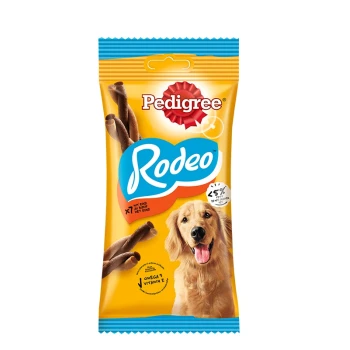 Emballage de friandises pour chien Pedigree Rodeo mettant en vedette un golden retriever, avec un texte mettant en avant 'Omega 3' et 'Vitamine E.'